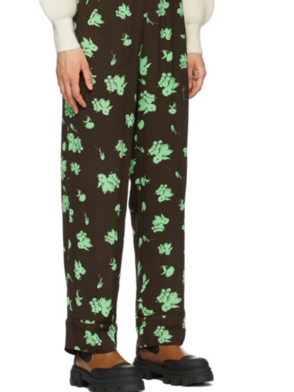 Ganni Black Wide-Leg Pants with Mint Floral Print